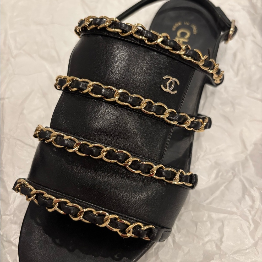 Chanel Black Leather Sandals with Gold Chains-Size 37C - Picture 8 of 12